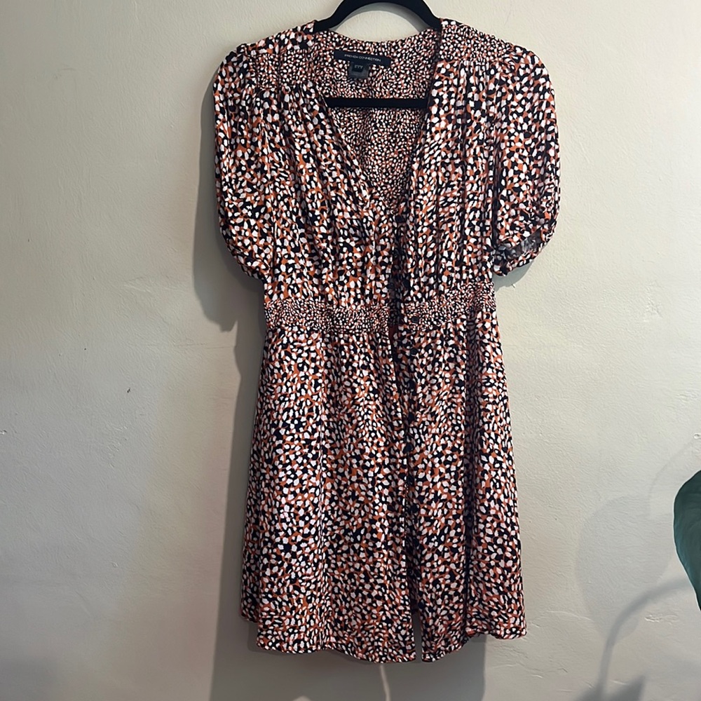 French connection navy, orange, white print button down dress